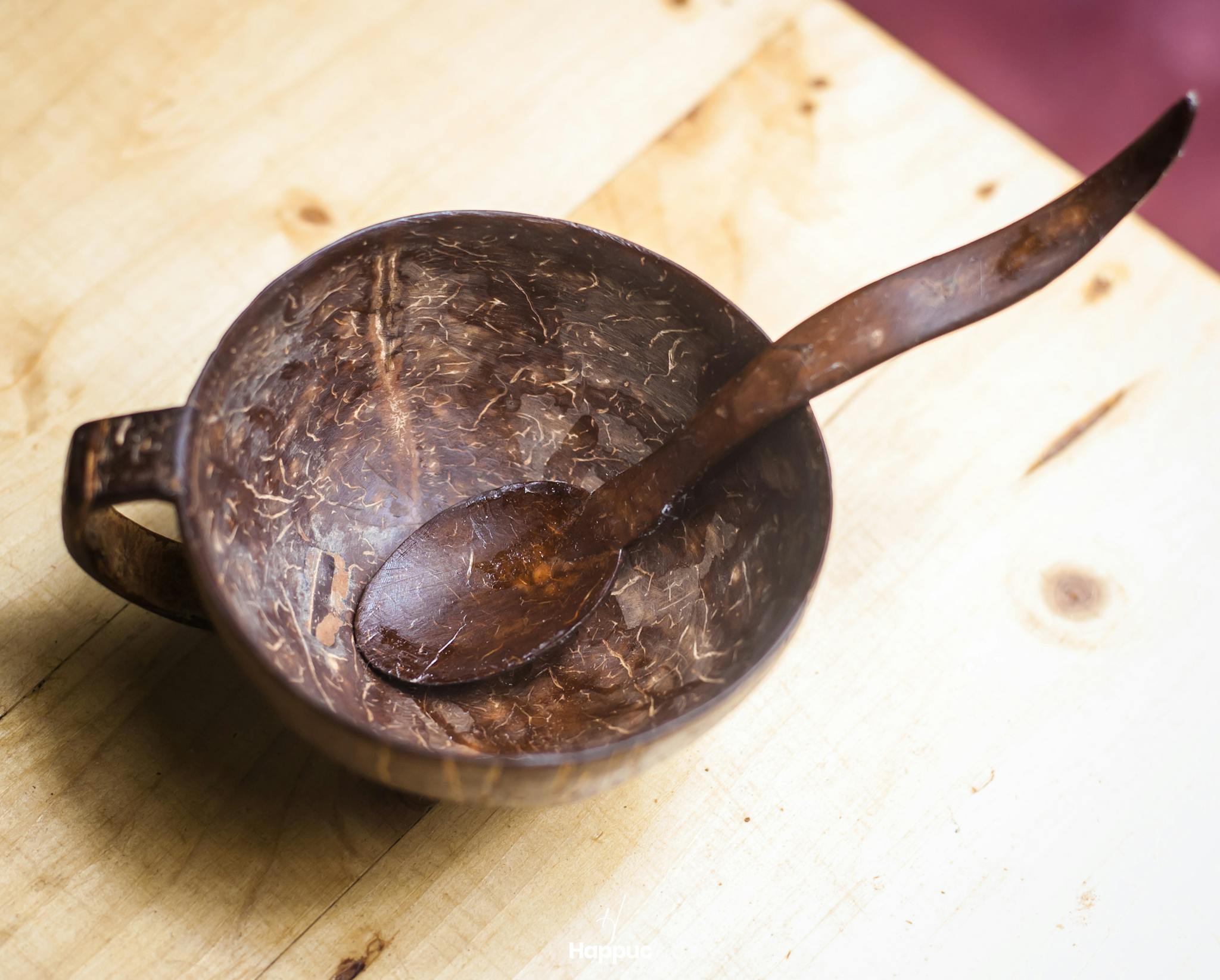 Close-up of a rustic coconut shell bowl with matching spoon on a wooden surface.