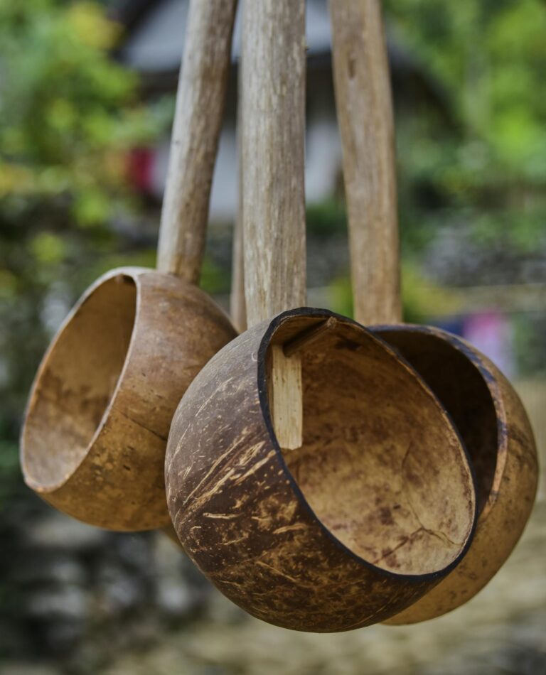 Close-up of three wooden coconut ladles hanging outside on a blurred natural background.