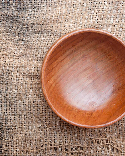 Wooden utensils on old worn burlap